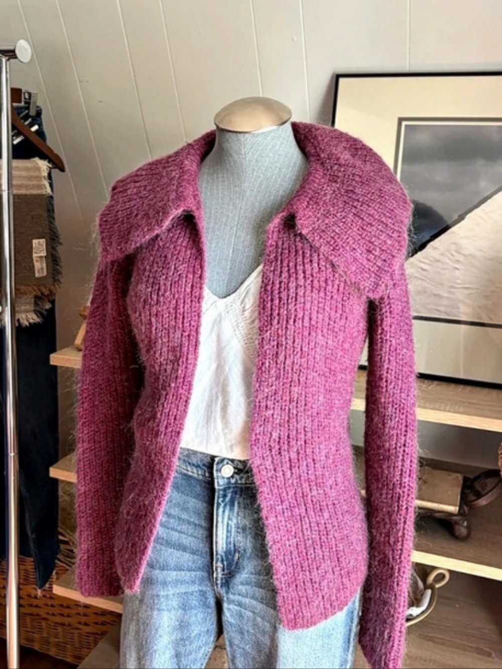 Y2K Magenta Knit Cardigan With Wide Collar